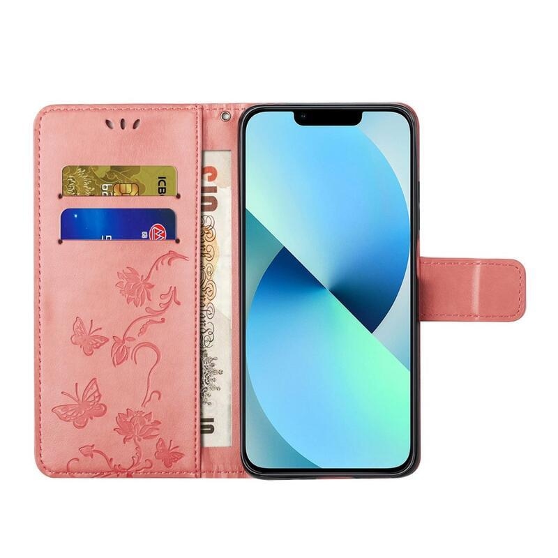 Virág PU bőr pénztárca tok iPhone 14 Pro Max 6.7 készülékhez - rózsaszín