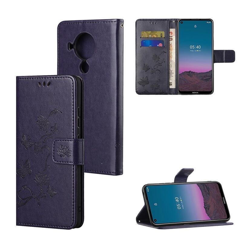 Virág PU bőr pénztárca tok Nokia 5.4 - sötét lila