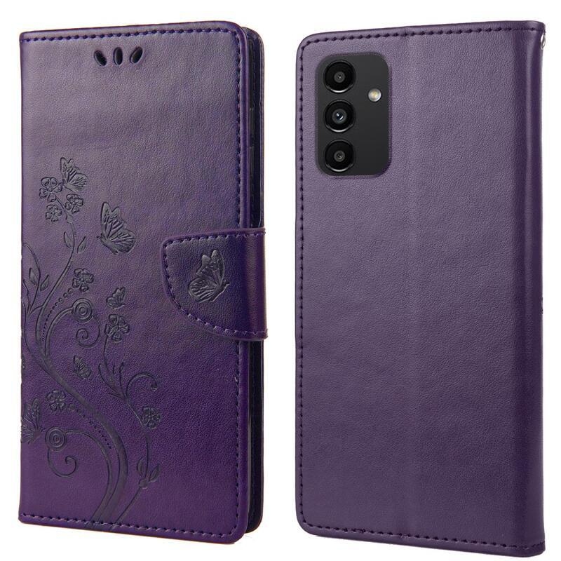 Virág PU bőr pénztárca tok Samsung Galaxy A13 4G - sötét lila