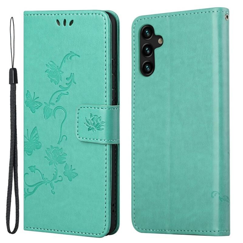 Virág PU bőr pénztárca tok Samsung Galaxy A13 5G/Galaxy A04s (164.7 x 76.7 x 9.1 mm) - ciánkék színű