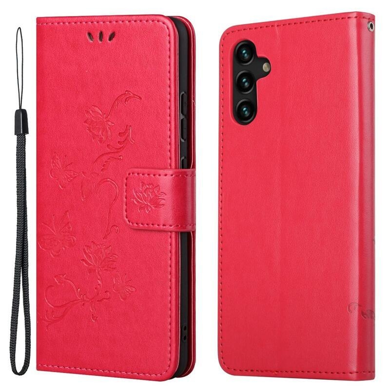 Virág PU bőr pénztárca tok Samsung Galaxy A13 5G/Galaxy A04s (164,7 x 76,7 x 9,1 mm) - piros színű