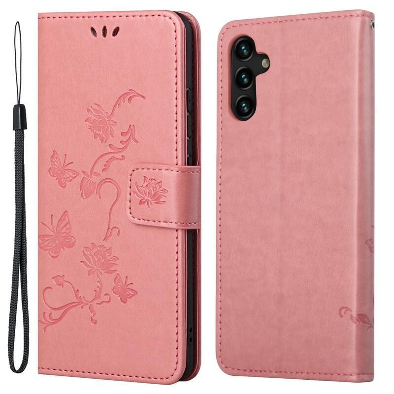 Virág PU bőr pénztárca tok Samsung Galaxy A13 5G/Galaxy A04s (164,7 x 76,7 x 9,1 mm) - rózsaszínű