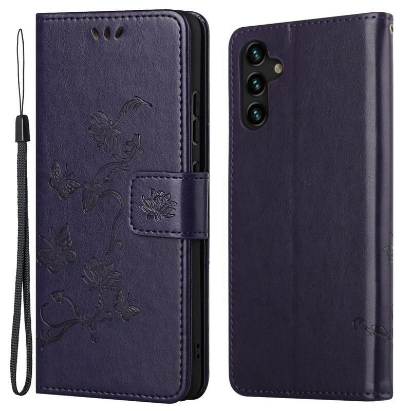 Virág PU bőr pénztárca tok Samsung Galaxy A13 5G/Galaxy A04s (164.7 x 76.7 x 9.1 mm) - sötétlila