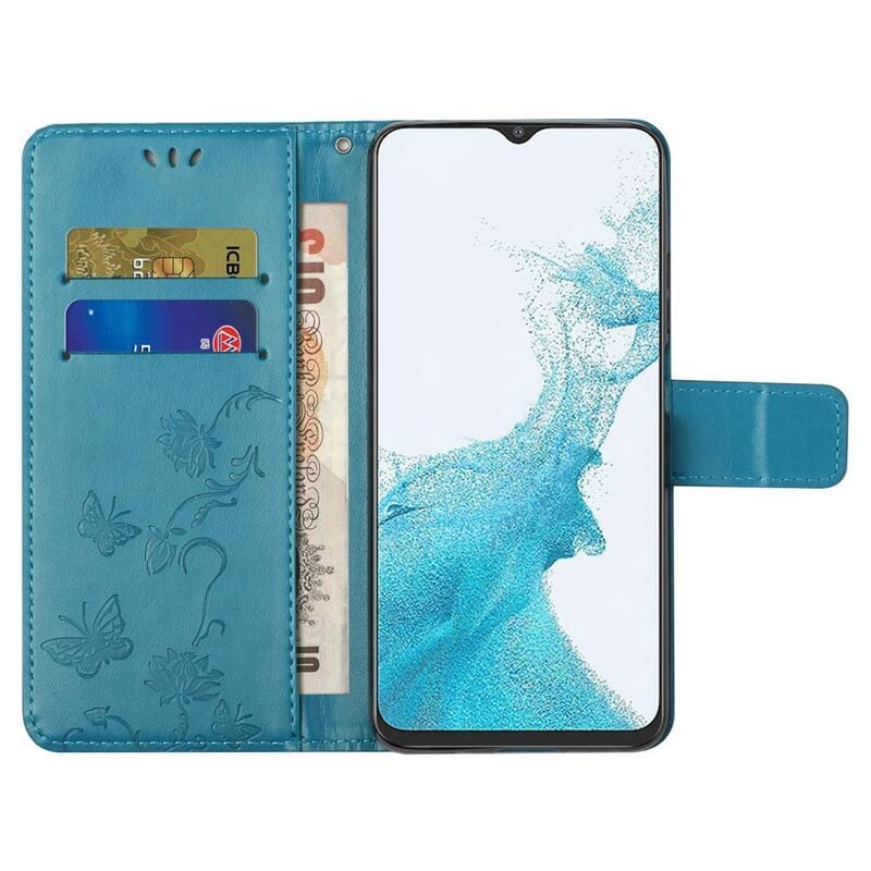 Virág PU bőr pénztárca tok Samsung Galaxy A23 4G/5G készülékhez - kék