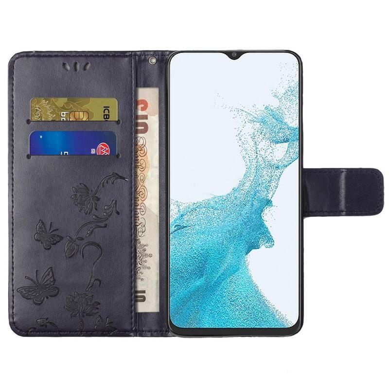 Virág PU bőr pénztárca tok Samsung Galaxy A23 4G/5G - sötét lila