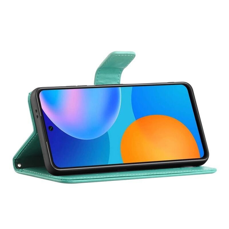 Virág PU bőr pénztárca tok Samsung Galaxy A52 5G/4G/A52s 5G - cián színű