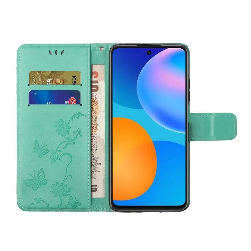 Virág PU bőr pénztárca tok Samsung Galaxy A52 5G/4G/A52s 5G - cián színű
