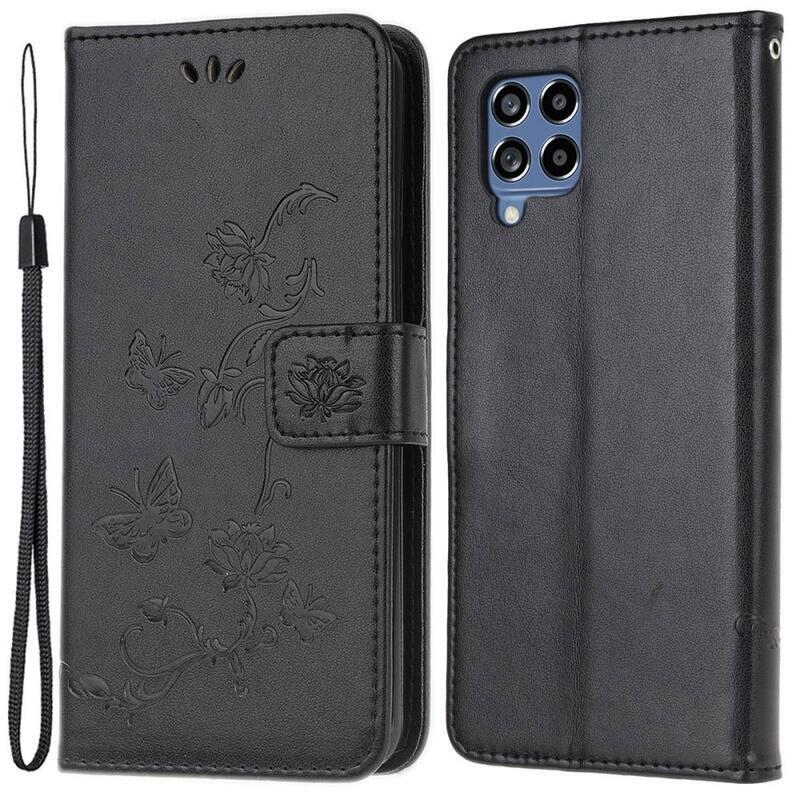 Virág PU bőr pénztárca tok Samsung Galaxy M53 5G-hez - fekete