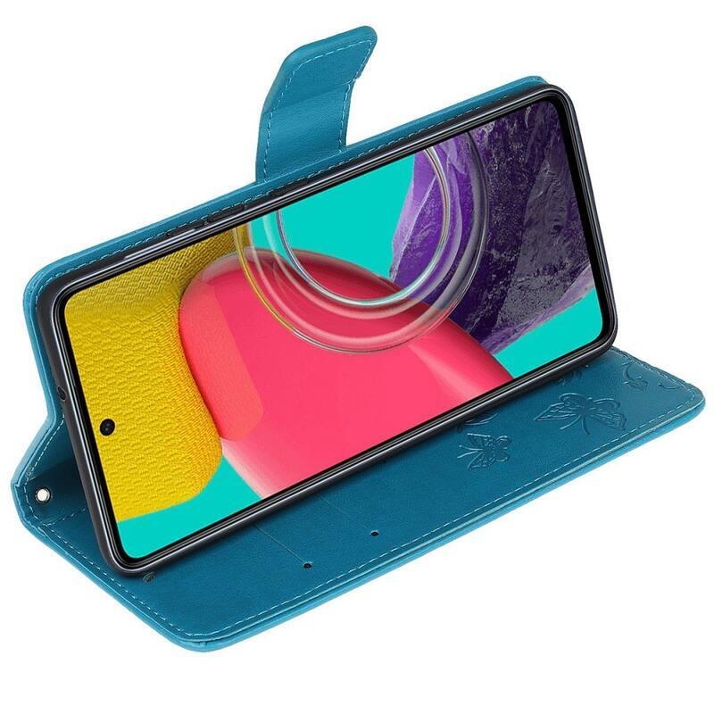 Virág PU bőr pénztárca tok Samsung Galaxy M53 5G-hez - kék