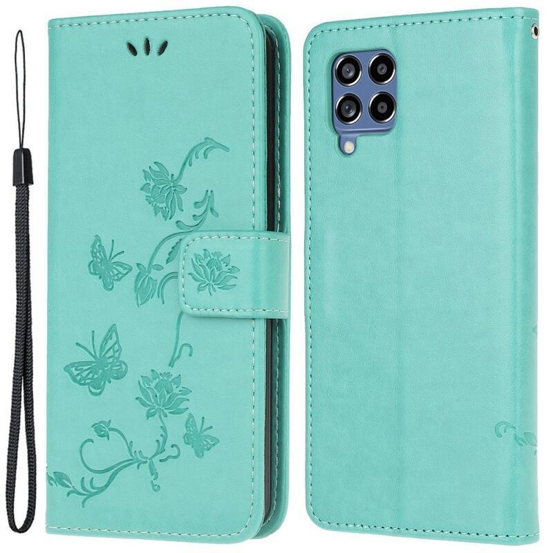 Virág PU bőr pénztárca tok Samsung Galaxy M53 5G-hez - kék színű