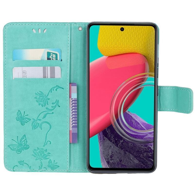 Virág PU bőr pénztárca tok Samsung Galaxy M53 5G-hez - kék színű