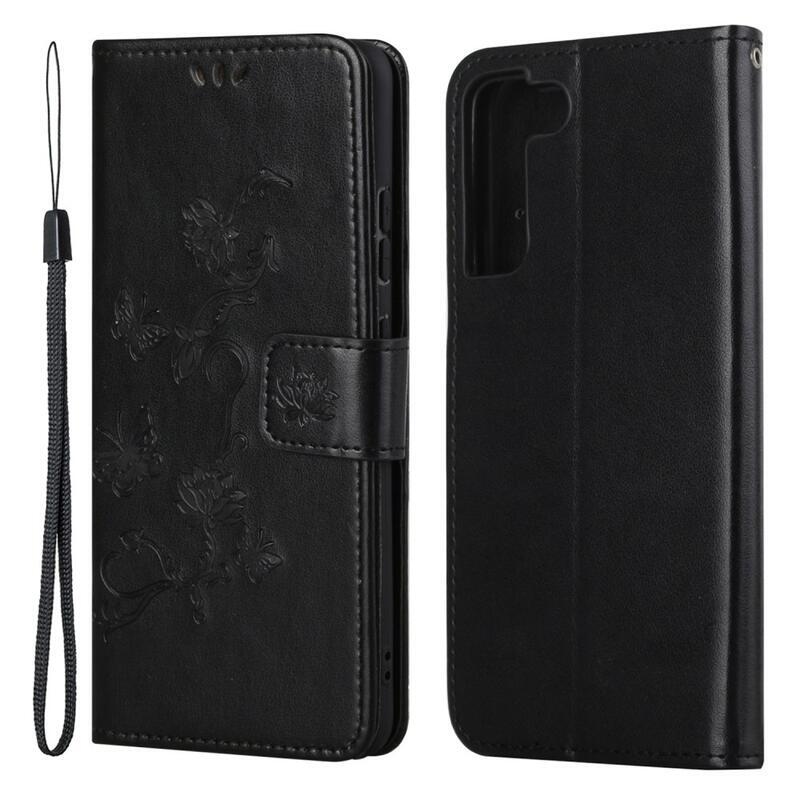 Virág PU bőr pénztárca tok Samsung Galaxy S22 5G-hez - fekete