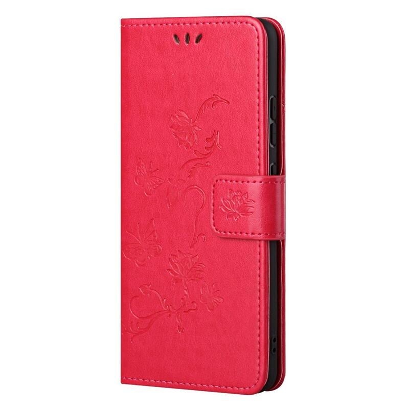 Virág PU bőr pénztárca tok Samsung Galaxy S22 5G-hez - piros