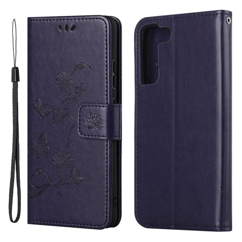 Virág PU bőr pénztárca tok Samsung Galaxy S22 5G - sötét lila