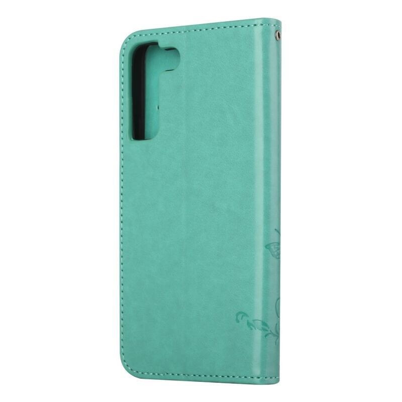 Virág PU bőr pénztárca tok Samsung Galaxy S22 5G-hez - zöld