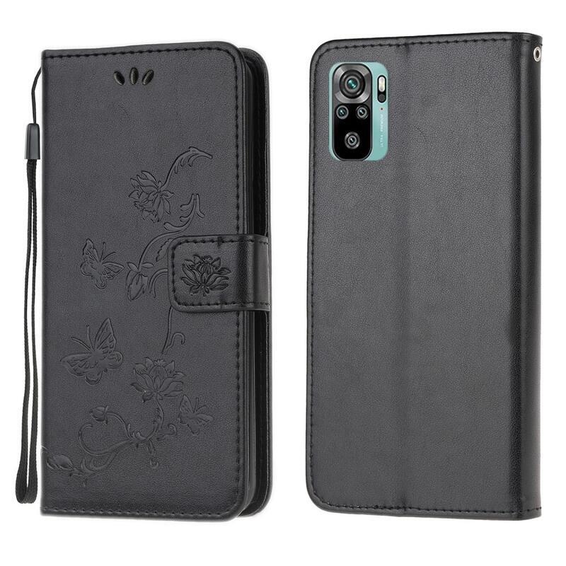Virág PU bőr pénztárca tok Xiaomi Redmi Note 10 4G/Redmi Note 10S/Poco M5s - fekete