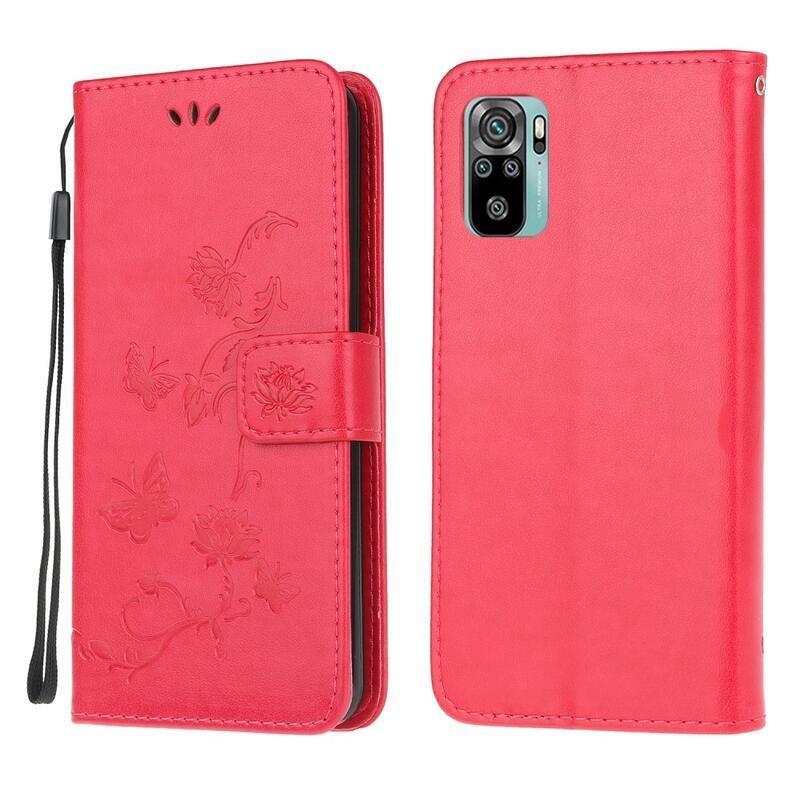 Virág PU bőr pénztárca tok Xiaomi Redmi Note 10 4G/Redmi Note 10S/Poco M5s - piros