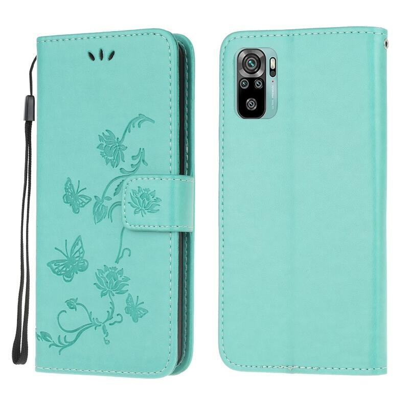 Virág PU bőr pénztárca tok Xiaomi Redmi Note 10 4G/Redmi Note 10S/Poco M5s - cián színű