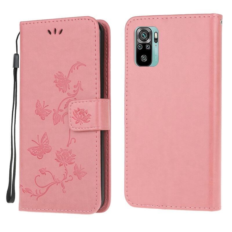 Virág PU bőr pénztárca tok Xiaomi Redmi Note 10 4G/Redmi Note 10S/Poco M5s - rózsaszínű