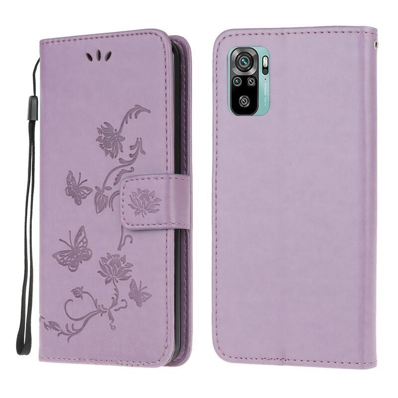 Virág PU bőr pénztárca tok Xiaomi Redmi Note 10 4G/Redmi Note 10S/Poco M5s - világos lila