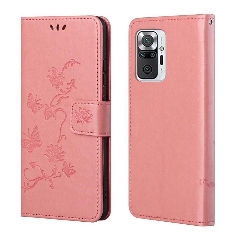 Virág PU bőr pénztárca tok Xiaomi Redmi Note 10 Pro - rózsaszínű