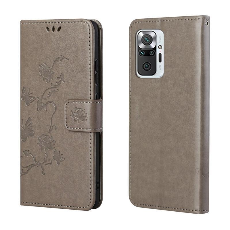 Virág PU bőr pénztárca tok Xiaomi Redmi Note 10 Pro-hoz - szürke