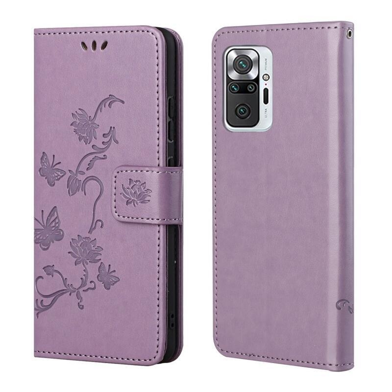 Virág PU bőr pénztárca tok Xiaomi Redmi Note 10 Pro-hoz - világos lila