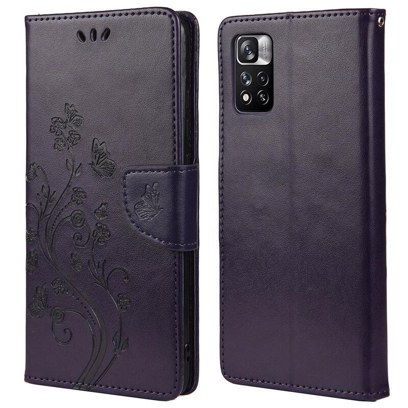 Virág PU bőr pénztárca tok Xiaomi Redmi Note 11 Pro 4G/5G - sötét lila