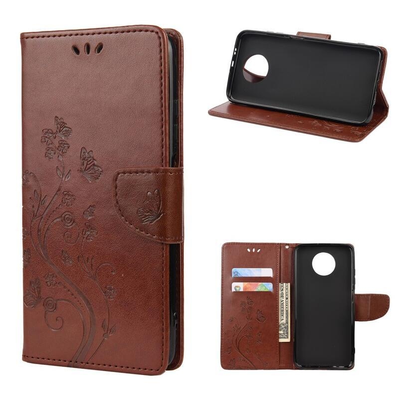 Virág PU bőr pénztárca tok Xiaomi Redmi Note 9T 5G-hez - barna