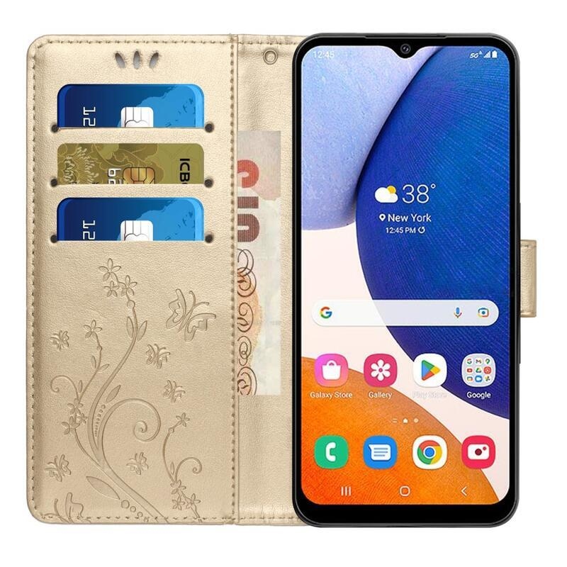 Virágok pénztárca tok Samsung Galaxy A54 5G-hez - arany színben