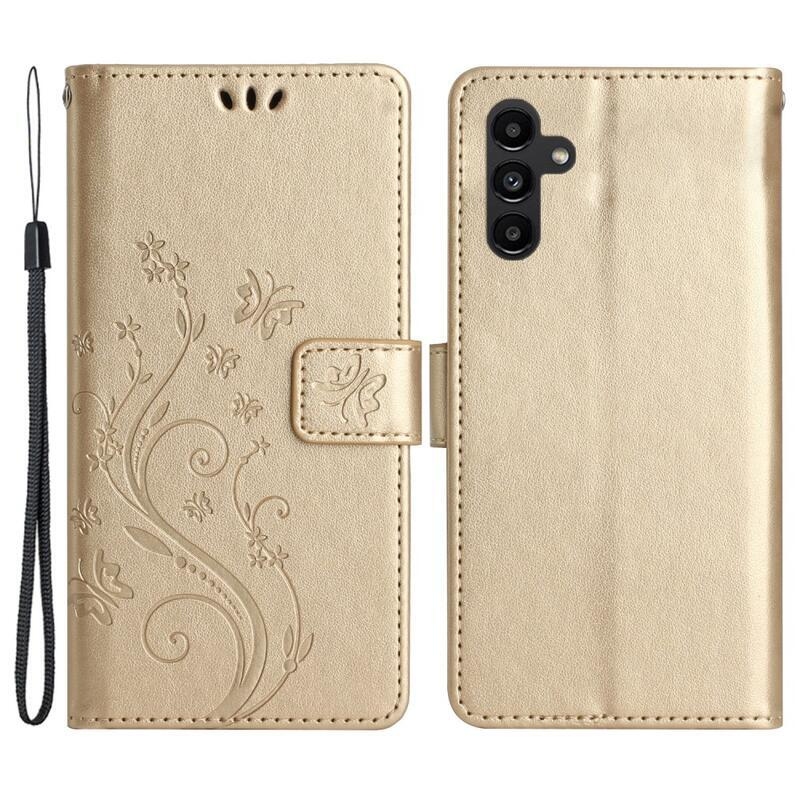 Virágok pénztárca tok Samsung Galaxy A54 5G-hez - arany színben