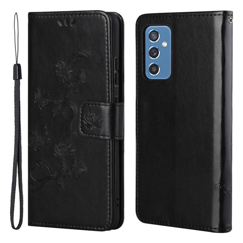 Virágok PU bőr pénztárca tok Samsung Galaxy M52 5G-hez - fekete