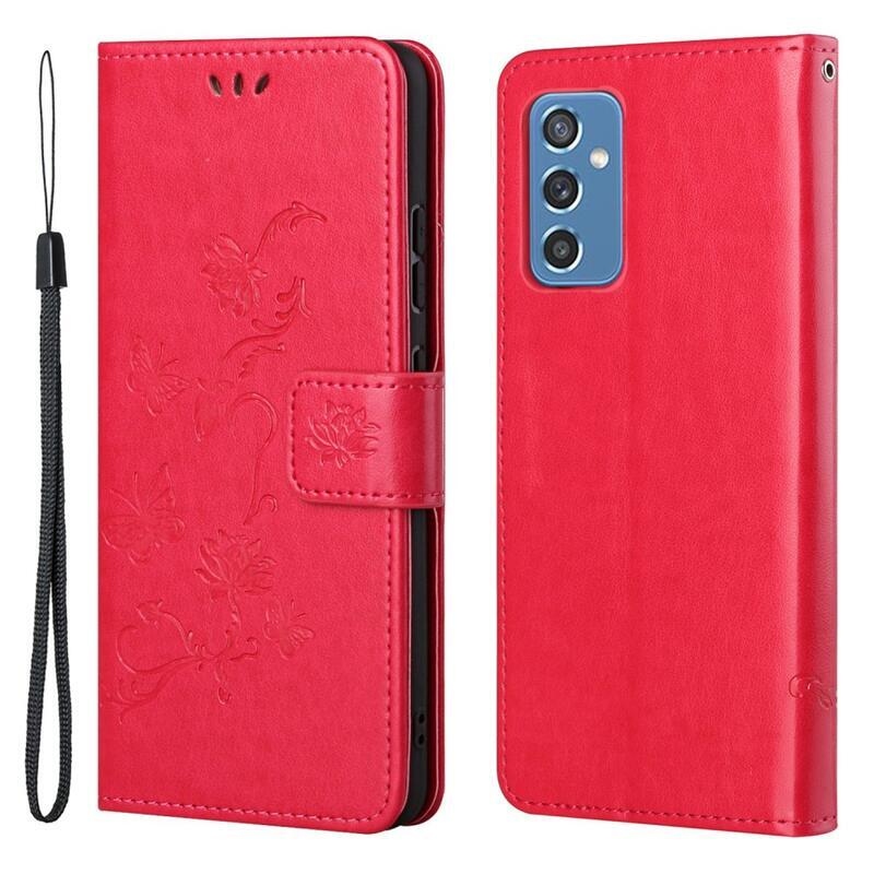 Virágok PU bőr pénztárca tok Samsung Galaxy M52 5G-hez - piros