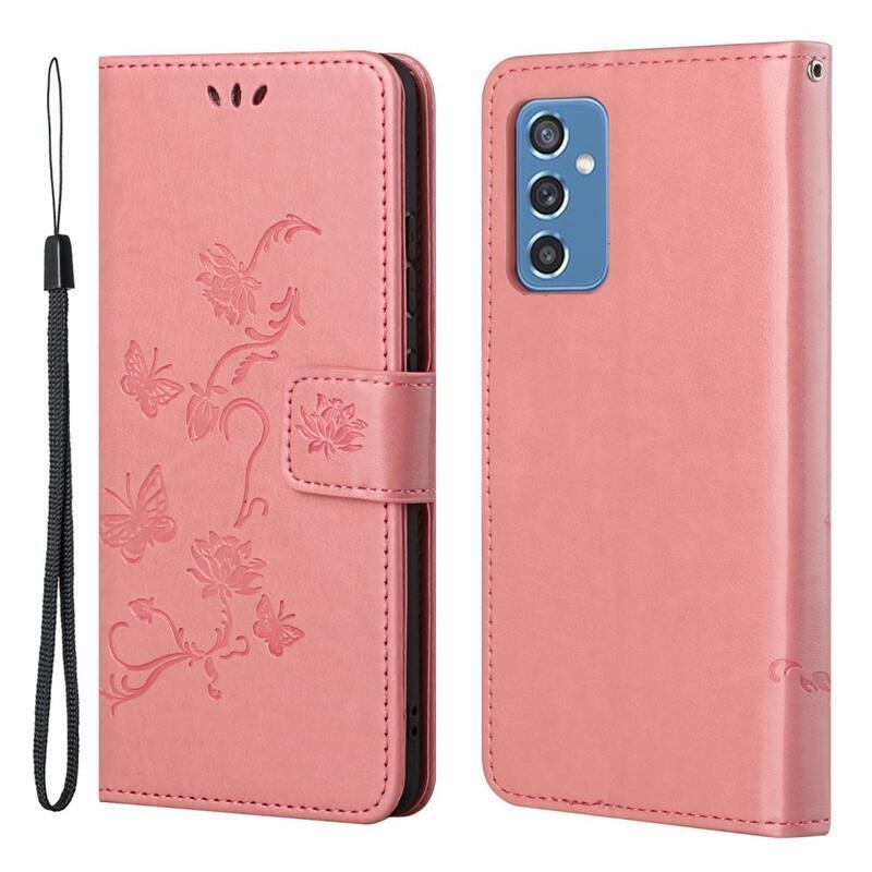 Virágok PU bőr pénztárca tok Samsung Galaxy M52 5G-hez - rózsaszín