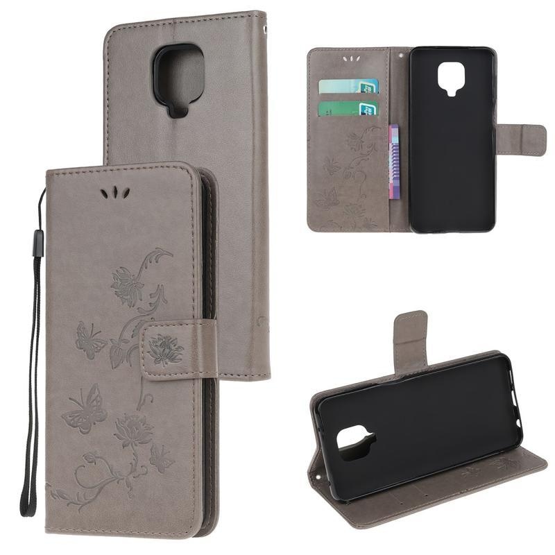 Virágok PU bőr pénztárca tok Xiaomi Redmi Note 9 Pro/Note 9S - szürke