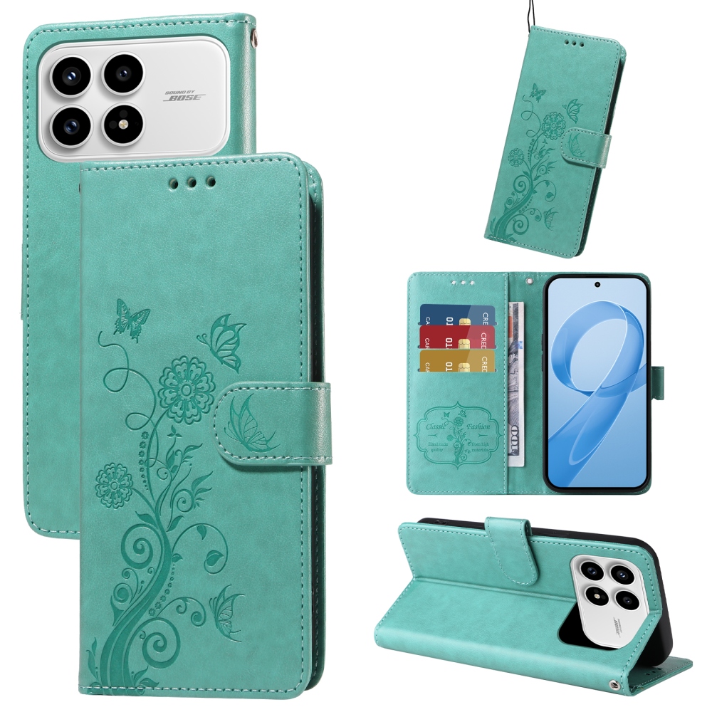 Virágos könyv tok a Xiaomi Poco F8 Pro 5G-hez - teal színű