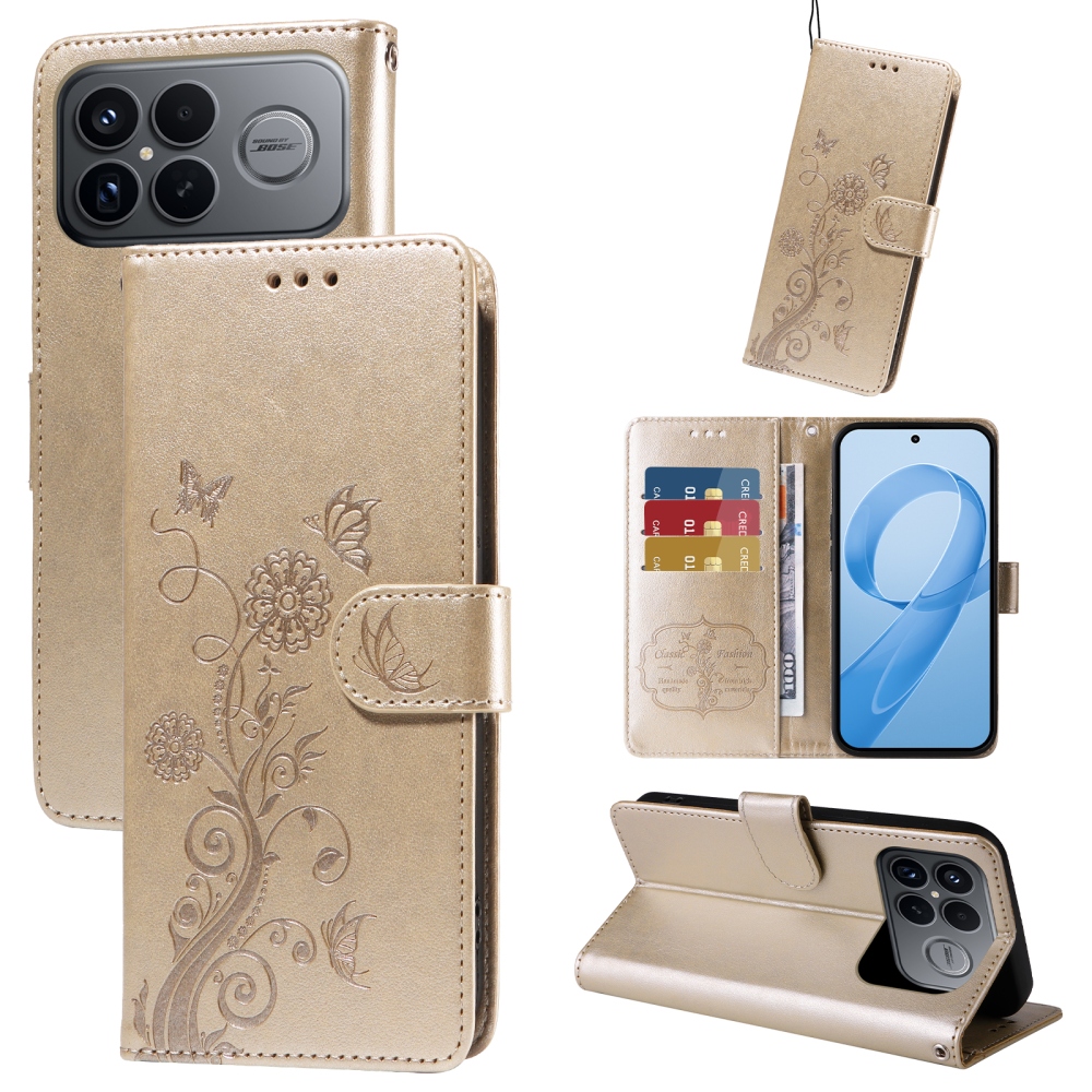 Virágos könyv tok a Xiaomi Poco F8 Ultra 5G-hez - arany színű