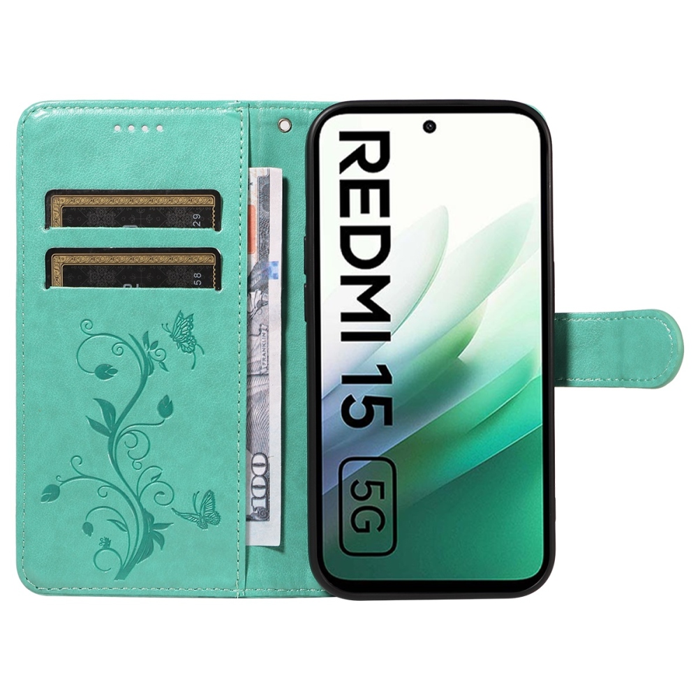 Virágos könyves tok Xiaomi Redmi 15 4G (171mm) - teáskék színben