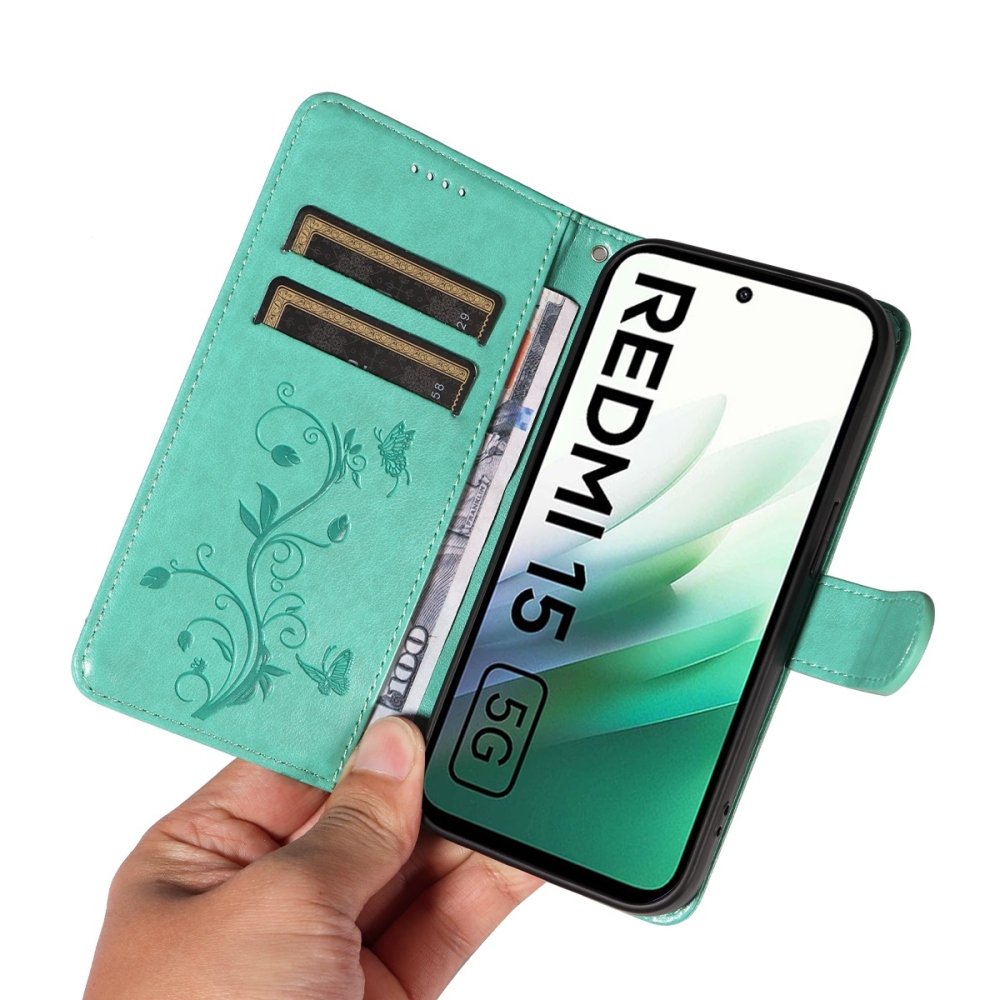 Virágos könyves tok Xiaomi Redmi 15 4G (171mm) - teáskék színben