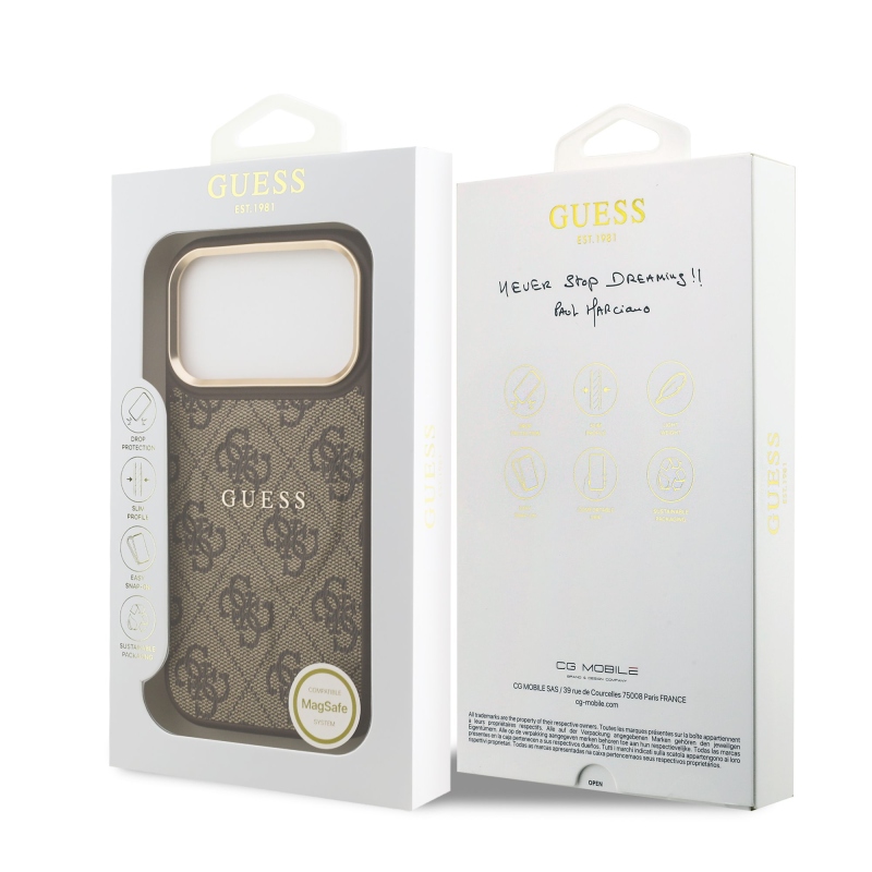 Guess PU bőr 4G aranykeret MagSafe hátlap iPhone 17 Pro barna színű borítóhoz