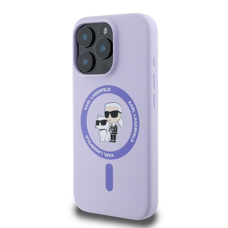 Karl Lagerfeld folyékony szilikon Karl és Choupette MagSafe hátlapi borító iPhone 16 Pro lila színhez