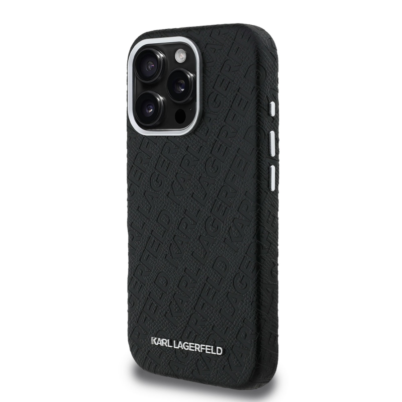 Karl Lagerfeld szemcsés PU ismétlődő logó MagSafe hátlap iPhone 16 Pro-hoz Fekete