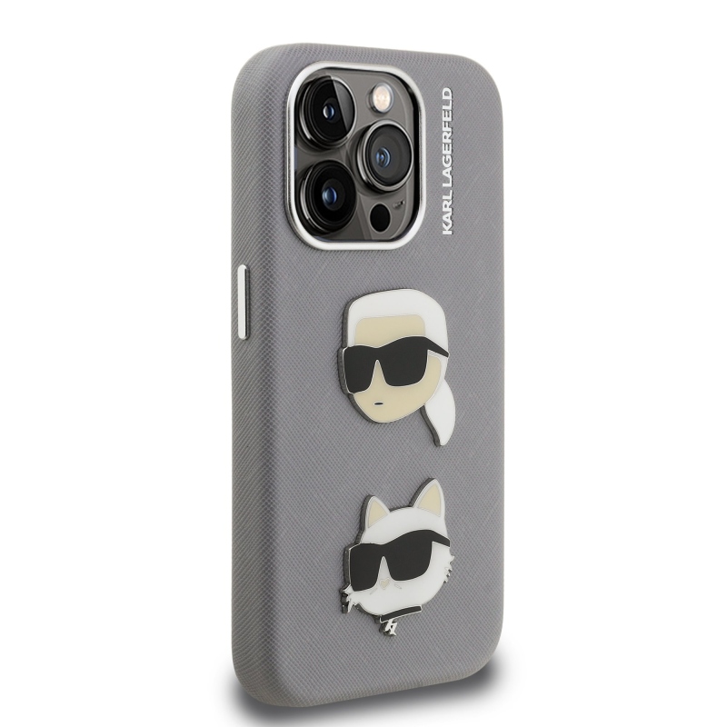 Karl Lagerfeld szemcsés PU K&CH Heads hátlap iPhone 15 Pro Max szürke