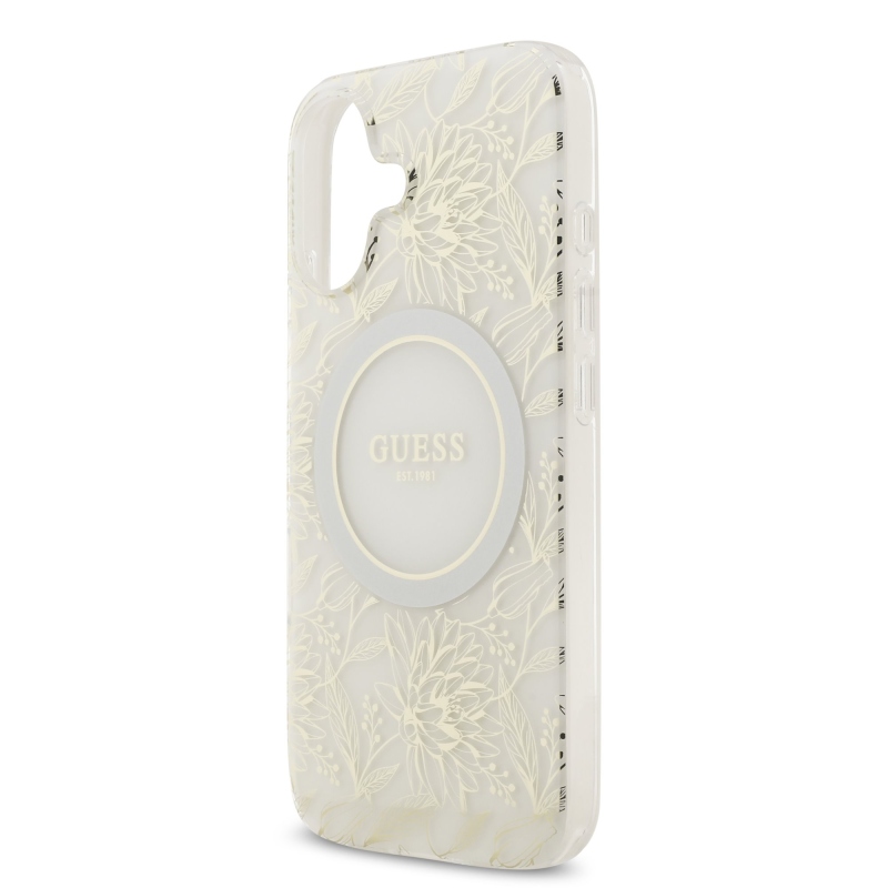 Guess IML Virágok Allover Strap MagSafe hátlapi borító iPhone 17 Fehér