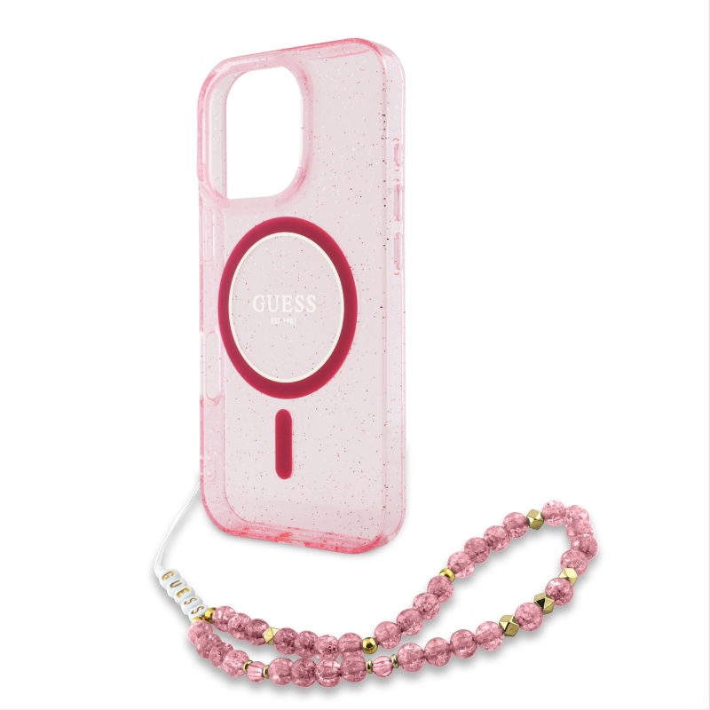 Guess IML csillogó pántos MagSafe hátlap iPhone 16 Pro rózsaszínű iPhone 16 Pro készülékhez