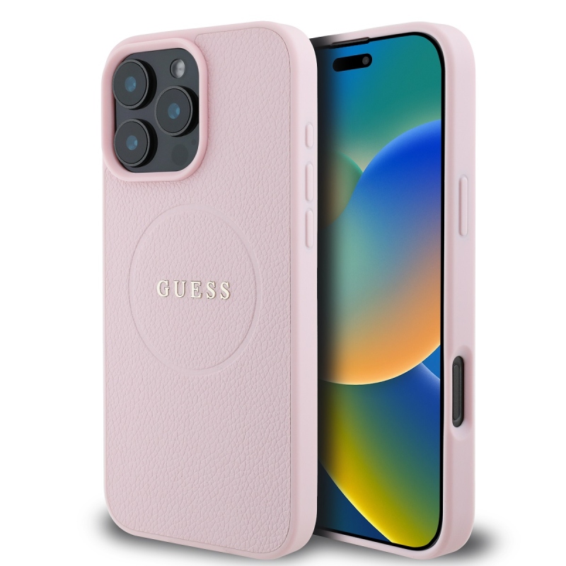 Guess PU szemcsés klasszikus logós MagSafe hátlap iPhone 16 Pro rózsaszínű iPhone 16 Pro számára