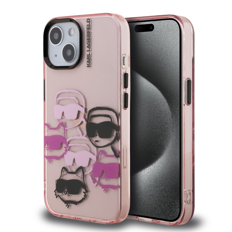 Karl Lagerfeld IML Multi K&CH Heads hátlapi borító iPhone 15 rózsaszínhez