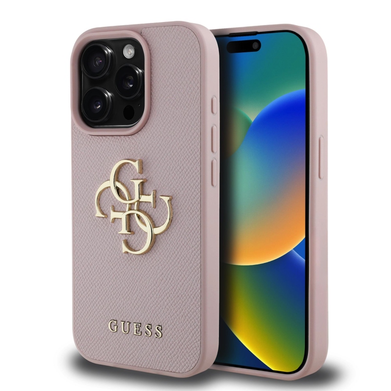 Guess PU szemcsés 4G fém logós hátlap iPhone 15 Pro rózsaszínhez