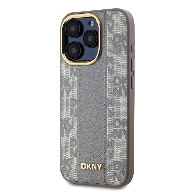 DKNY PU bőr kockás mintás Magsafe hátsó borító iPhone 15 Pro bézs színű készülékhez