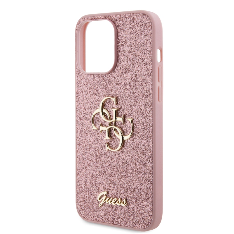 Guess PU Fixed Glitter 4G fém logós hátlap iPhone 15 Pro Max rózsaszínhez